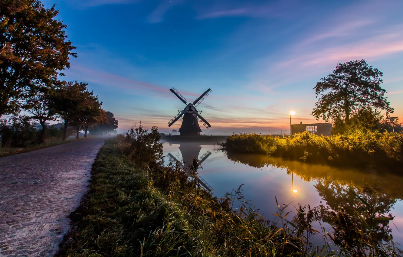 Photo wallpaper fog, morning, mill, channel, Netherlands, Holland