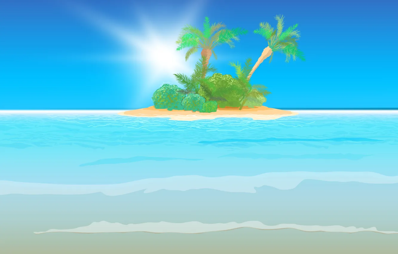 Photo wallpaper sea, wave, palm trees, island, waves, sea, the sun's rays, island