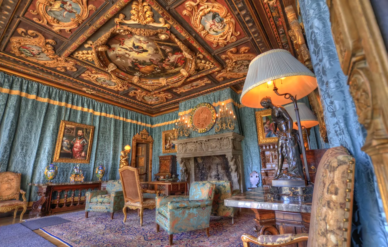 Wallpaper picture, chair, chair, the ceiling, fireplace, sculpture