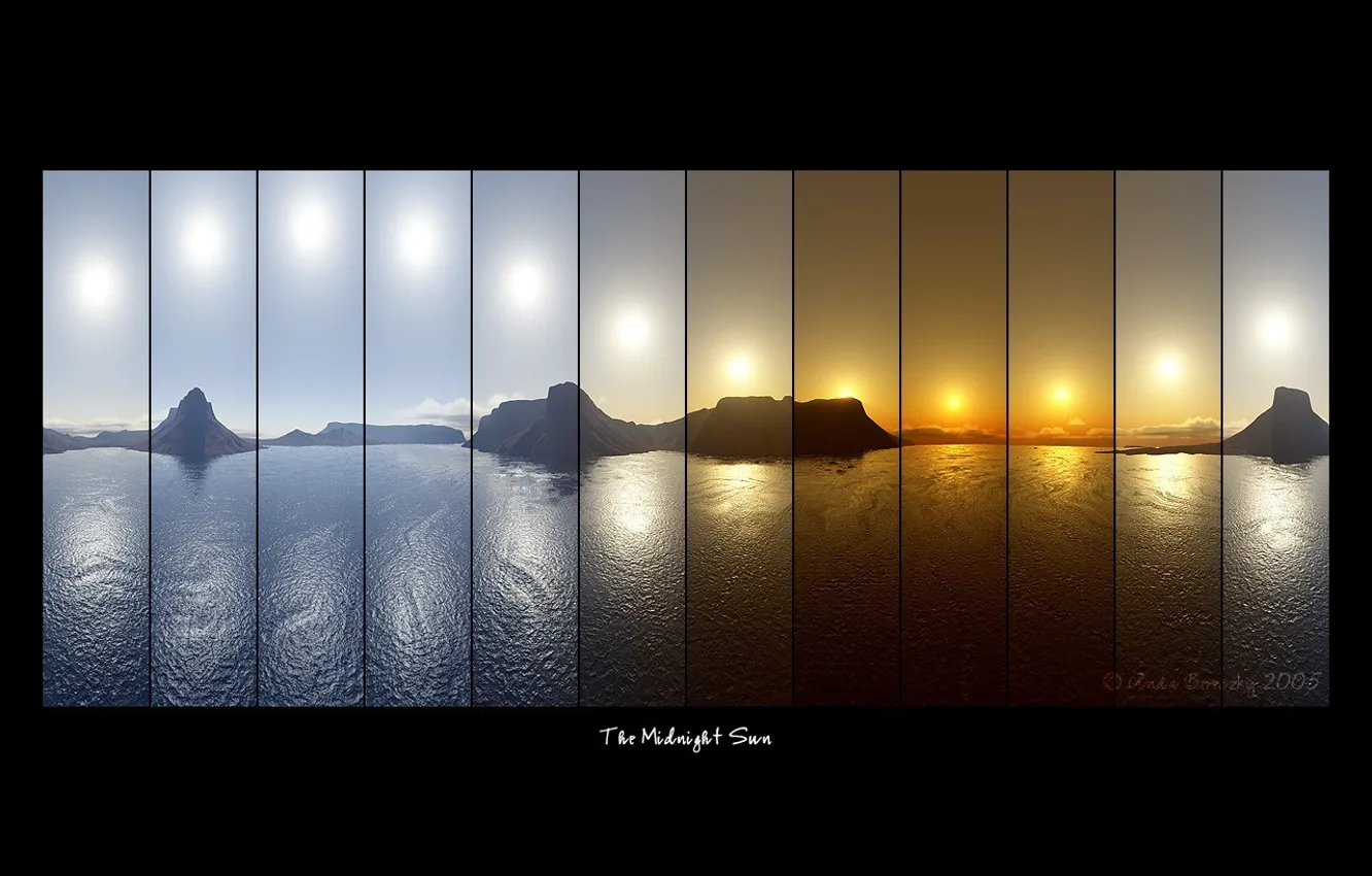 Photo wallpaper sea, the sun, mountains, labels, lineup, The Midnight Sun, collage, photography
