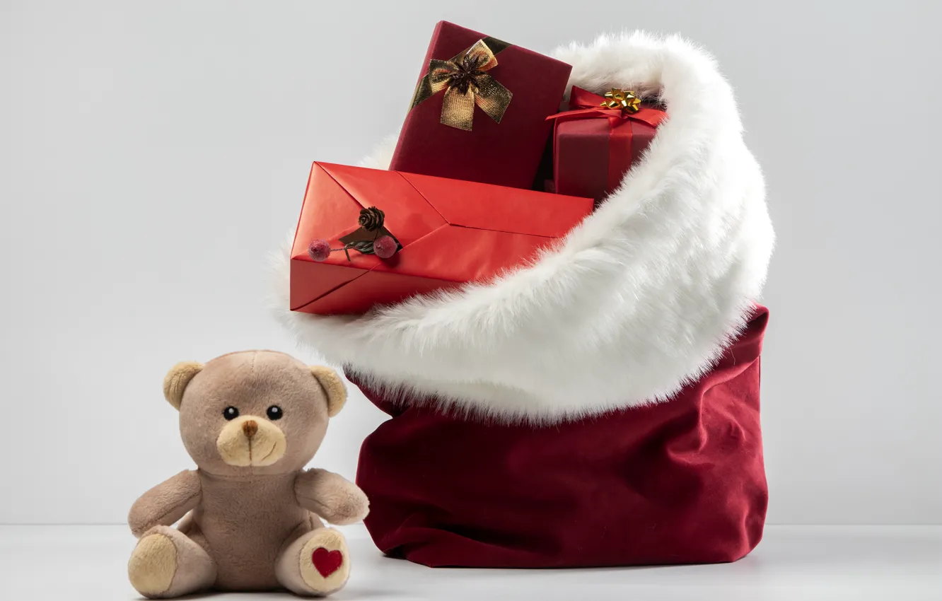 Photo wallpaper toy, Christmas, bear, gifts, New year, bear, bag, Teddy