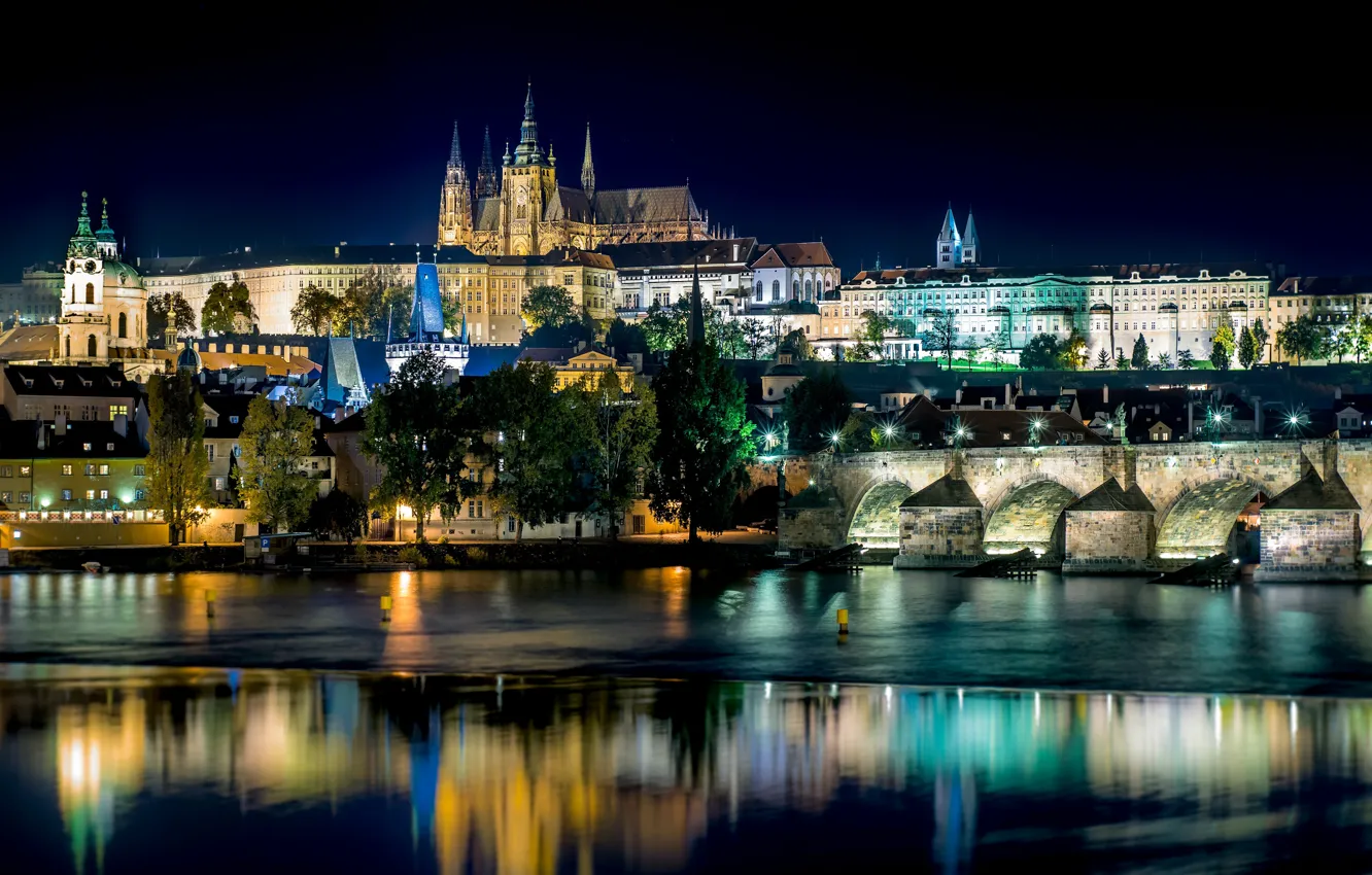 Photo wallpaper night, bridge, the city, lights, reflection, river, Prague, Czech Republic