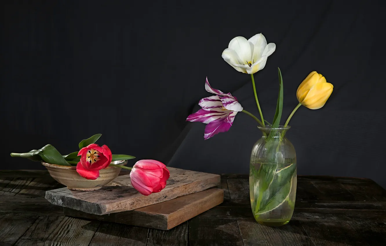 Photo wallpaper flowers, table, Board, tulips, vase, colorful