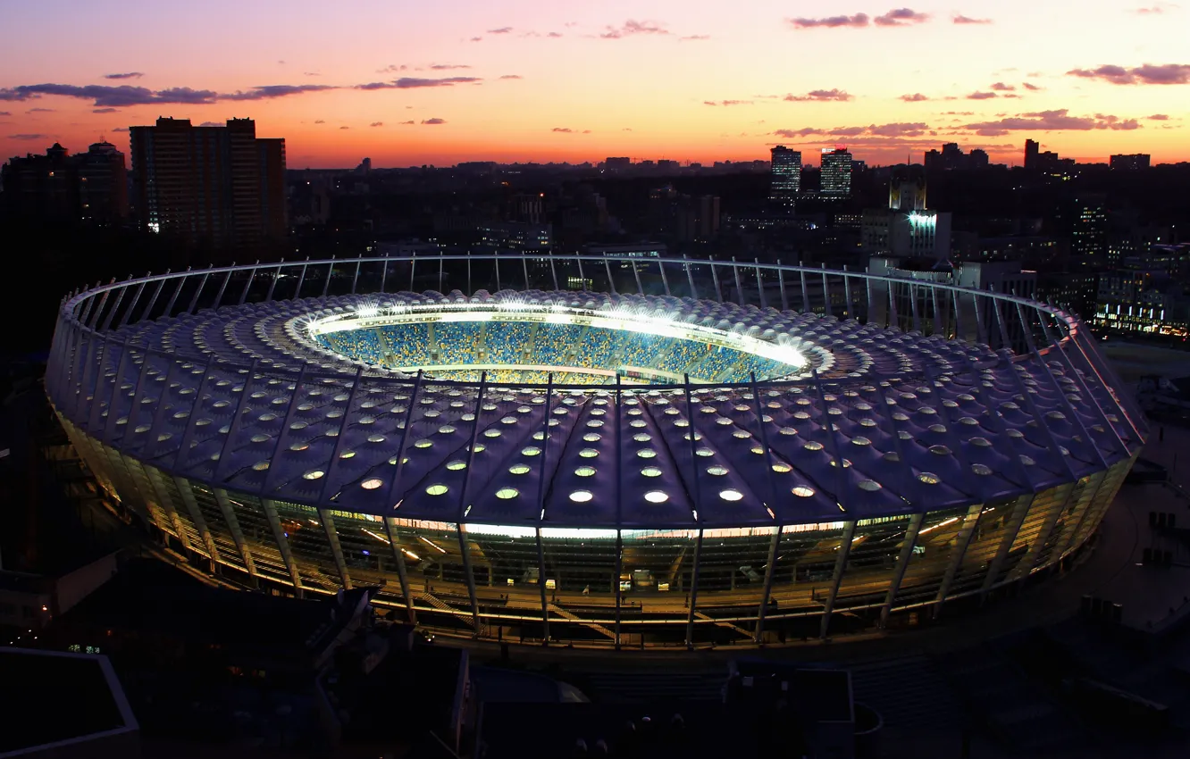 Photo wallpaper city, wallpaper, logo, sunset, stadium, football, Ukraine, Sport