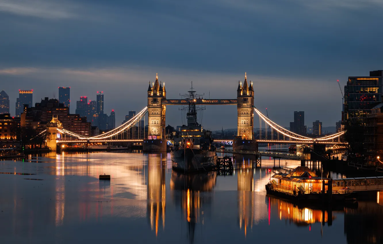 Photo wallpaper night, bridge, the city, lights, river, England, London