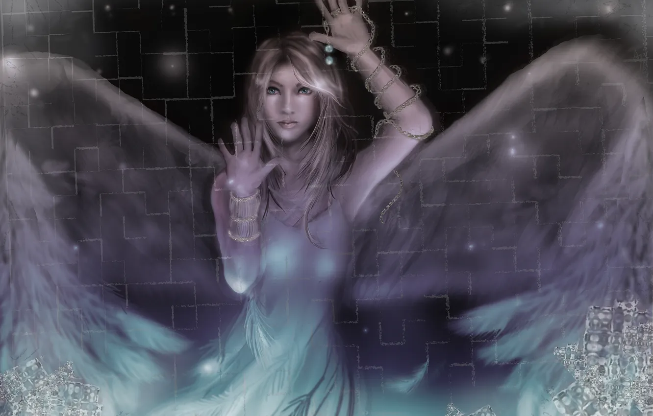 Photo wallpaper look, glass, girl, face, fiction, pattern, hair, wings