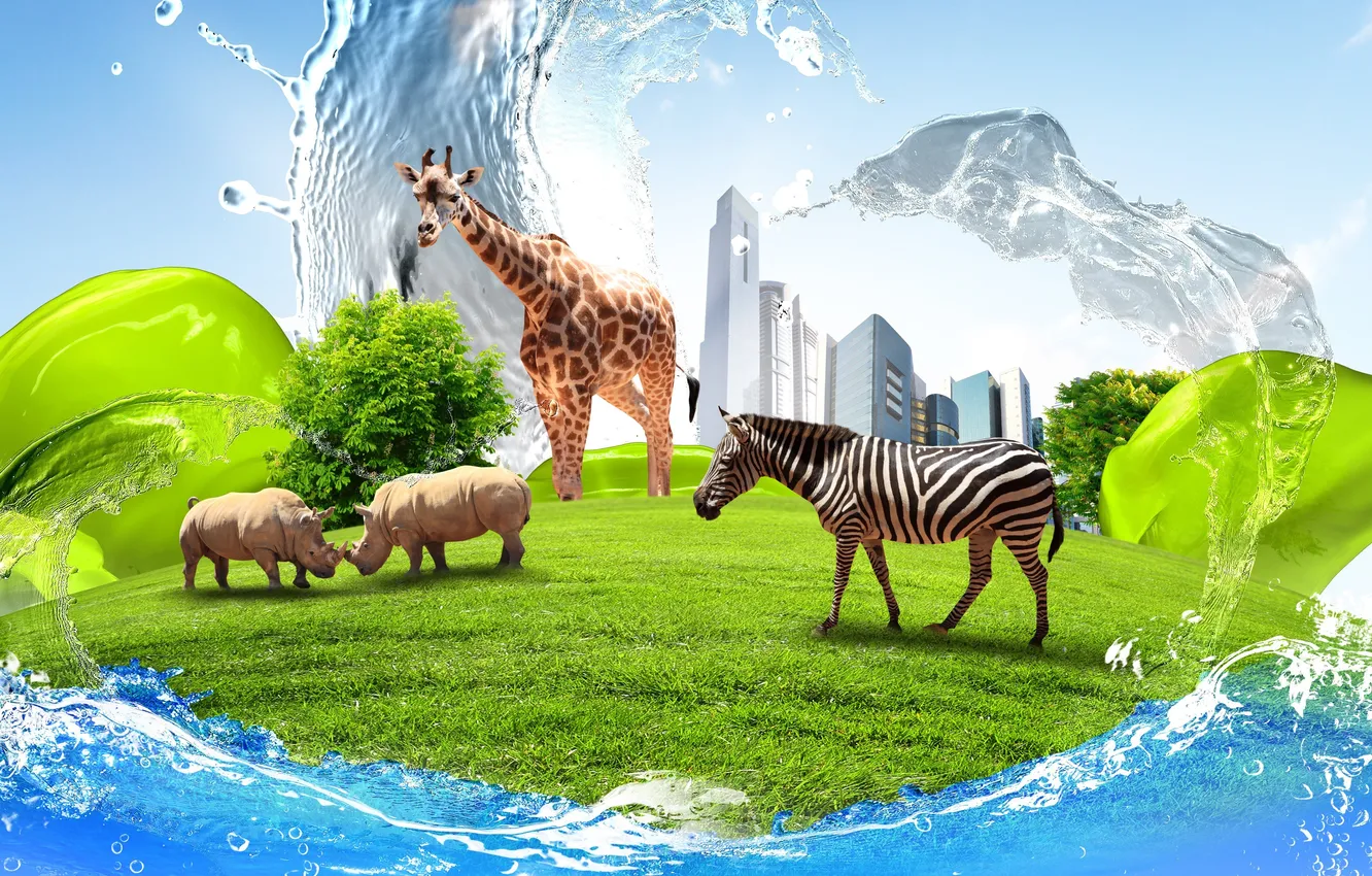 Photo wallpaper grass, water, creative, lawn, building, giraffe, Zebra, Rhino