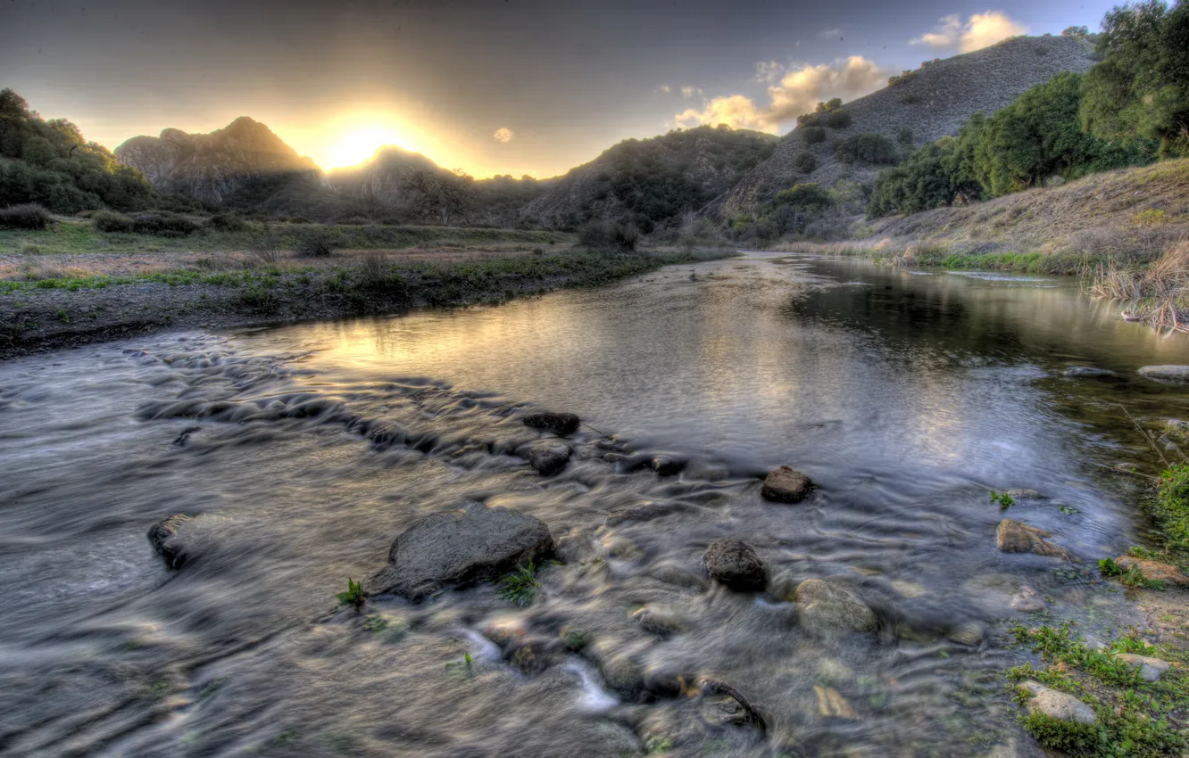 Photo wallpaper landscape, sunset, nature, river, dawn, HDR, USA, Malibu