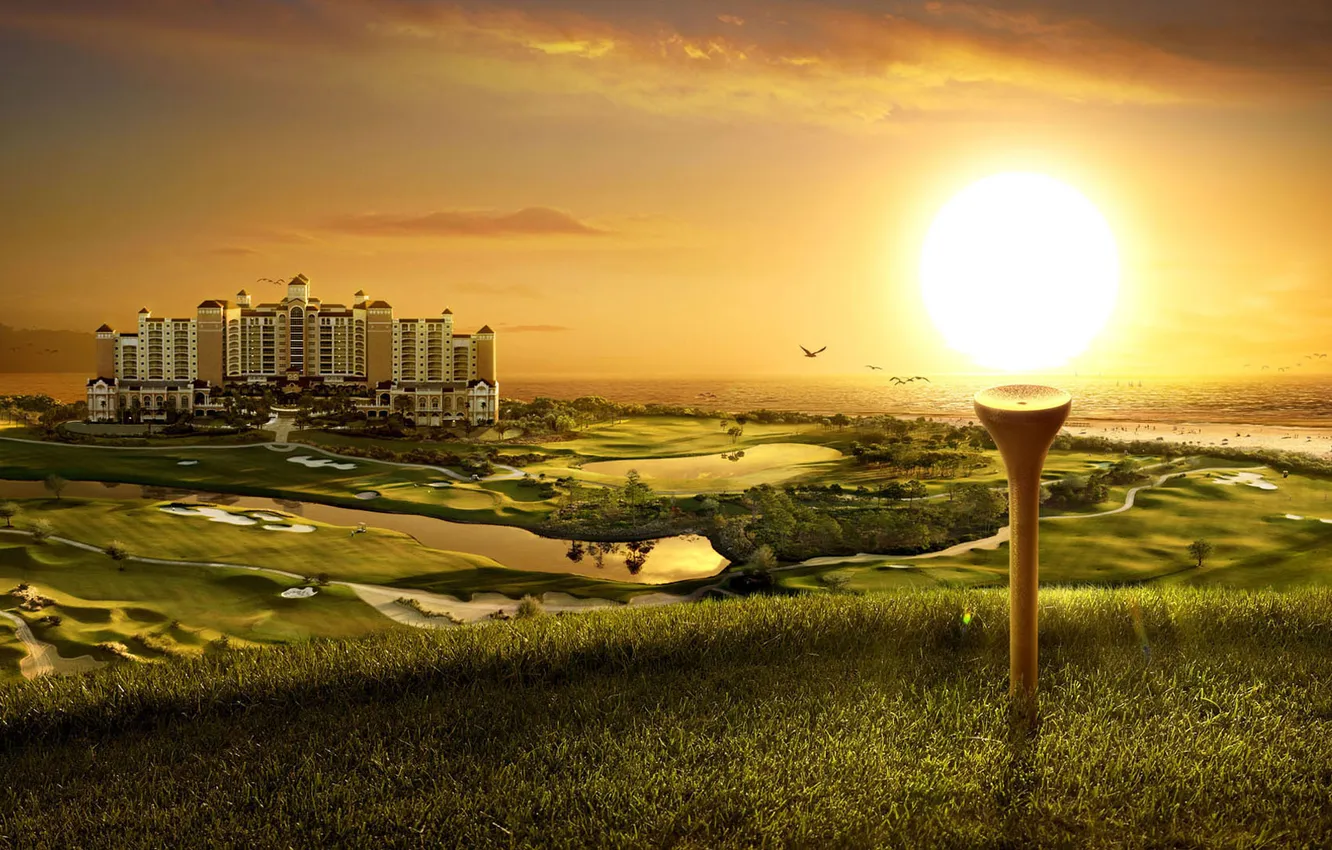 Photo wallpaper grass, the sun, the building, field, lake, mansion, Golf