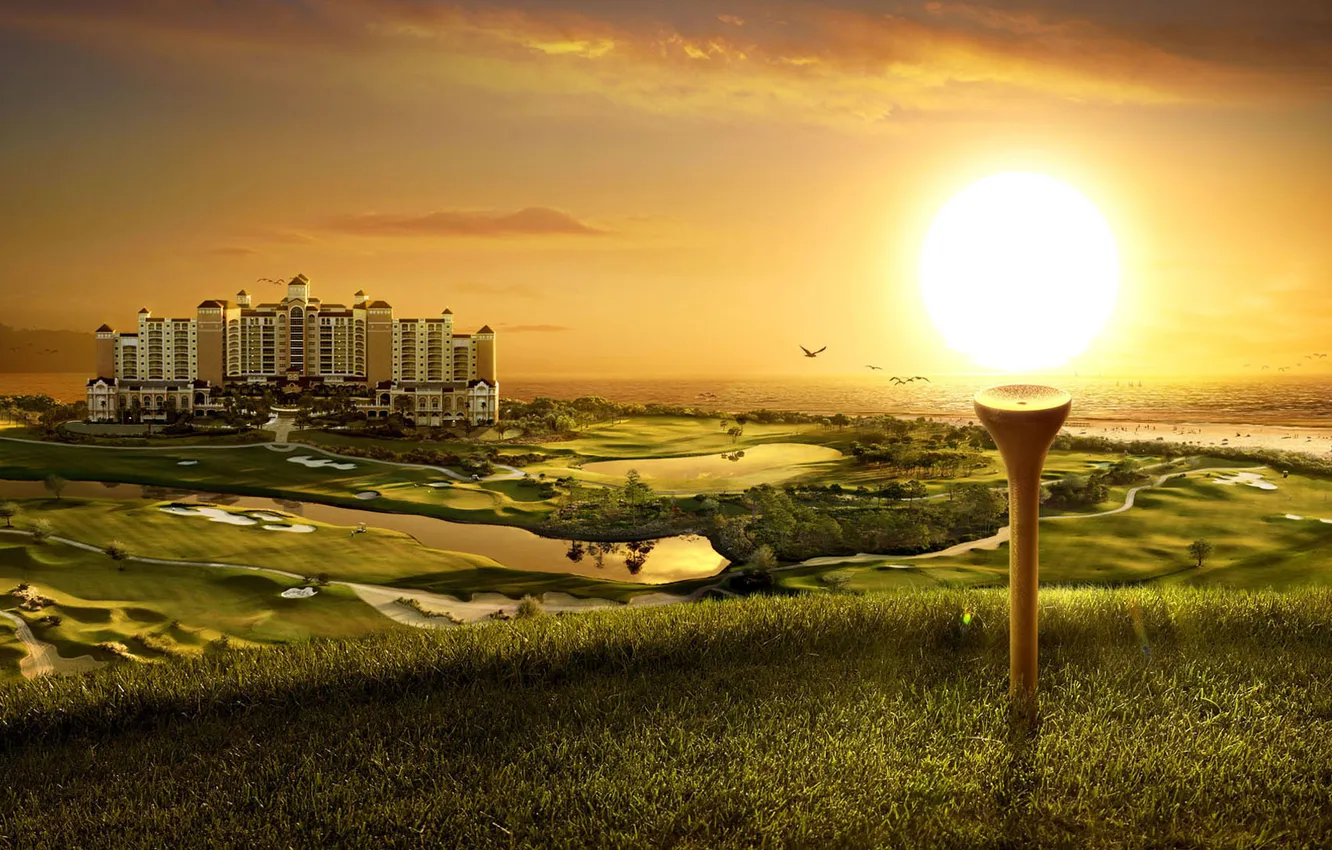 Photo wallpaper field, grass, the sun, lake, building, mansion, Golf