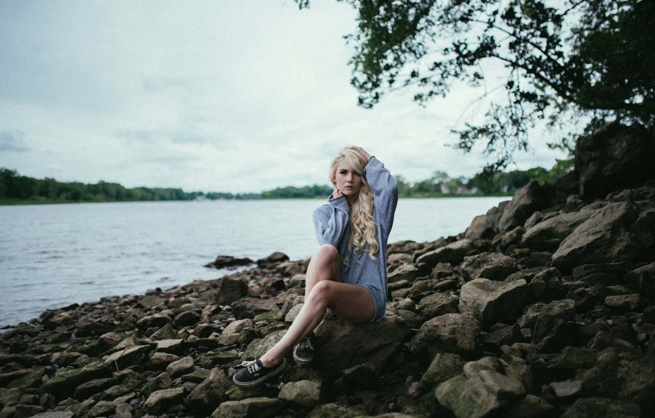 Photo wallpaper beach, lake, blonde, legs