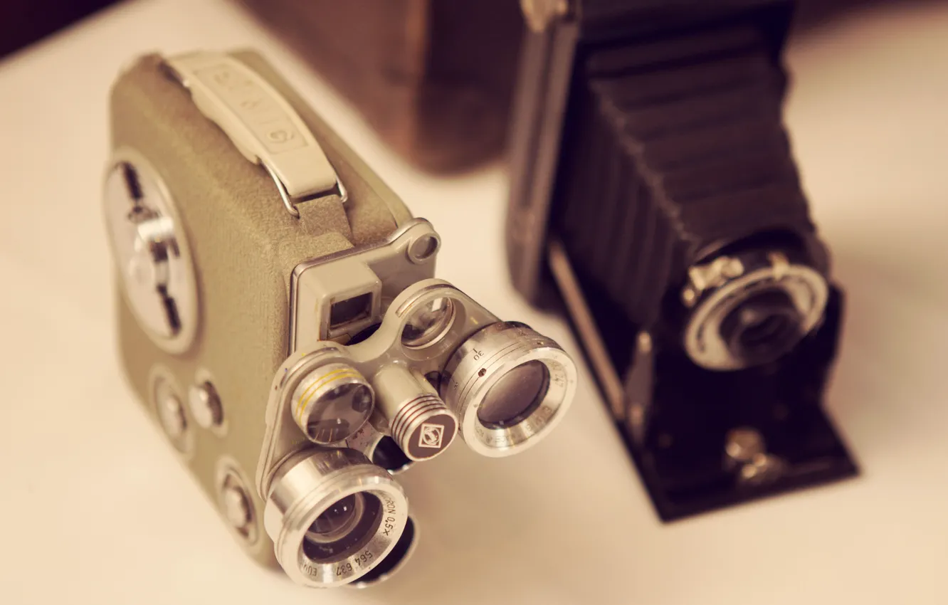 Photo wallpaper cameras, table, lenses