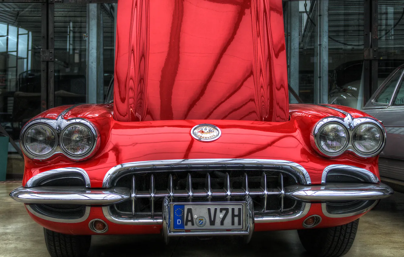 Photo wallpaper car, red, lights, the hood, grille, hdr, red, corvette