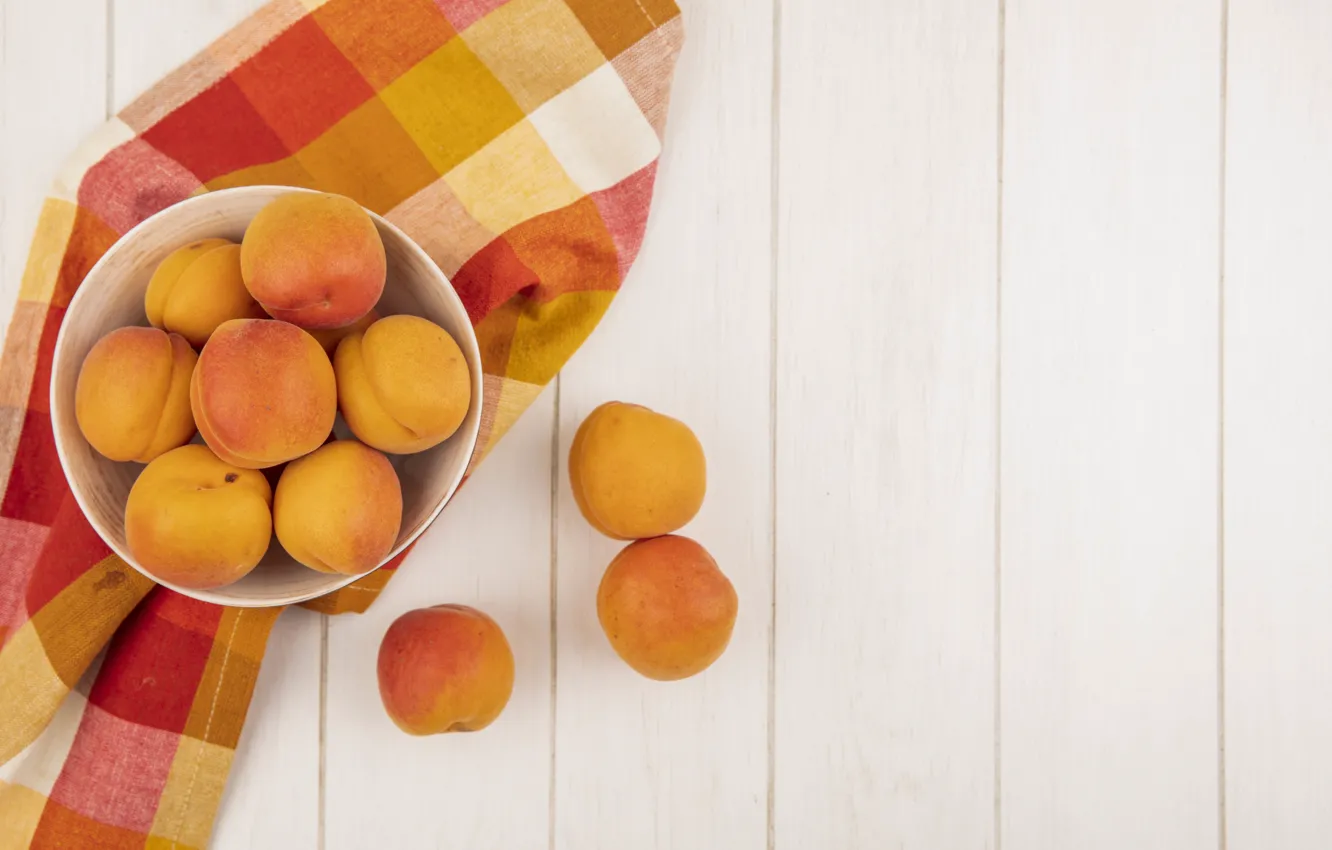 Photo wallpaper Board, towel, bowl, placer, light background, peaches, in the cage