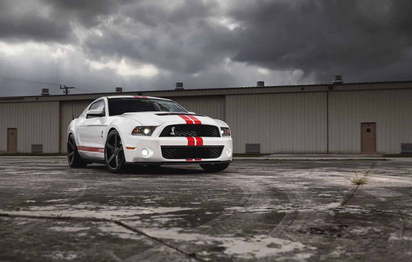 Photo wallpaper white, clouds, the building, Mustang, Ford, Shelby, Mustang, muscle car