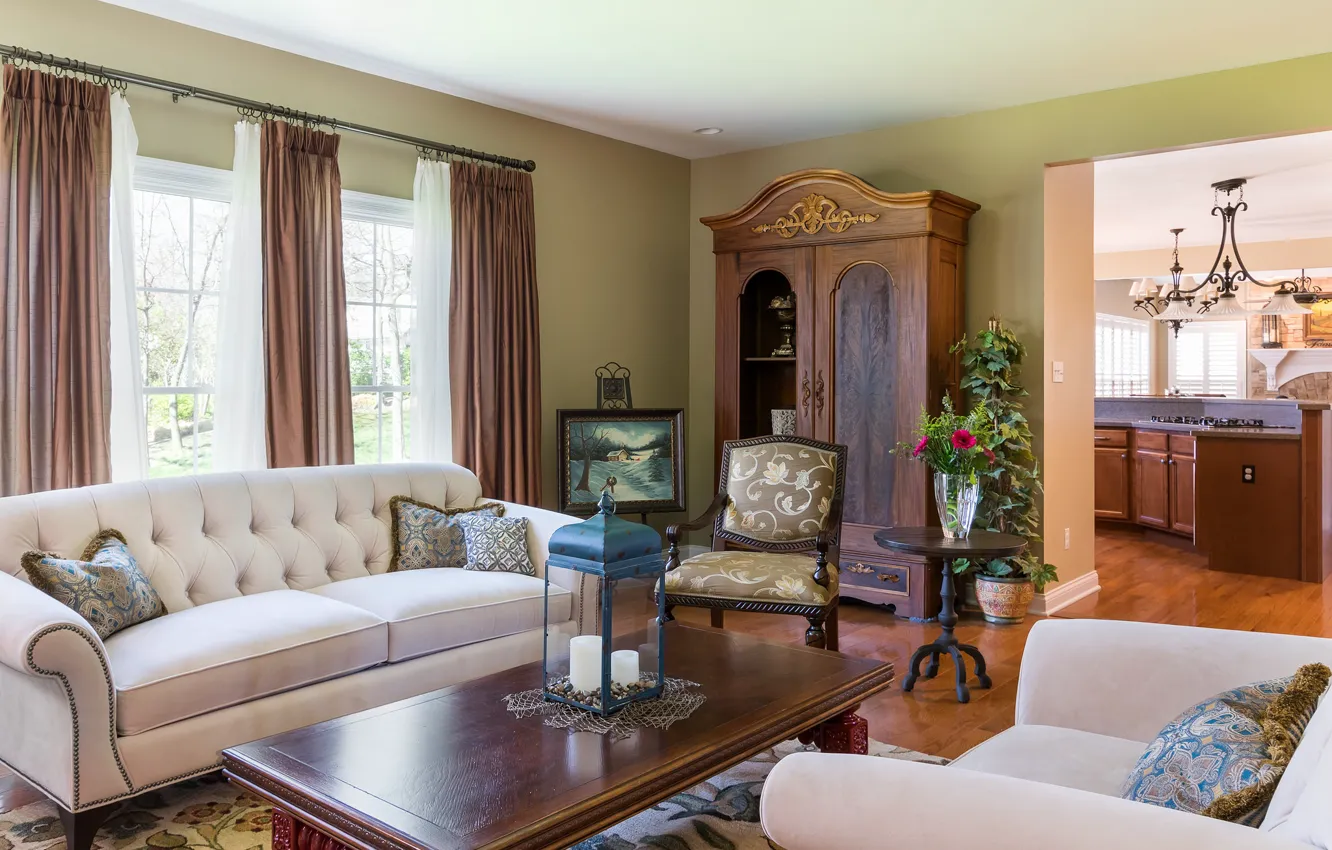 Photo wallpaper design, table, sofa, lights, chair, wardrobe, living room