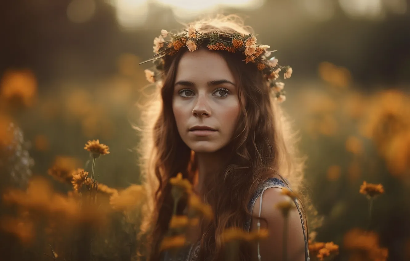 Photo wallpaper field, look, girl, flowers, nature, face, portrait, brown hair
