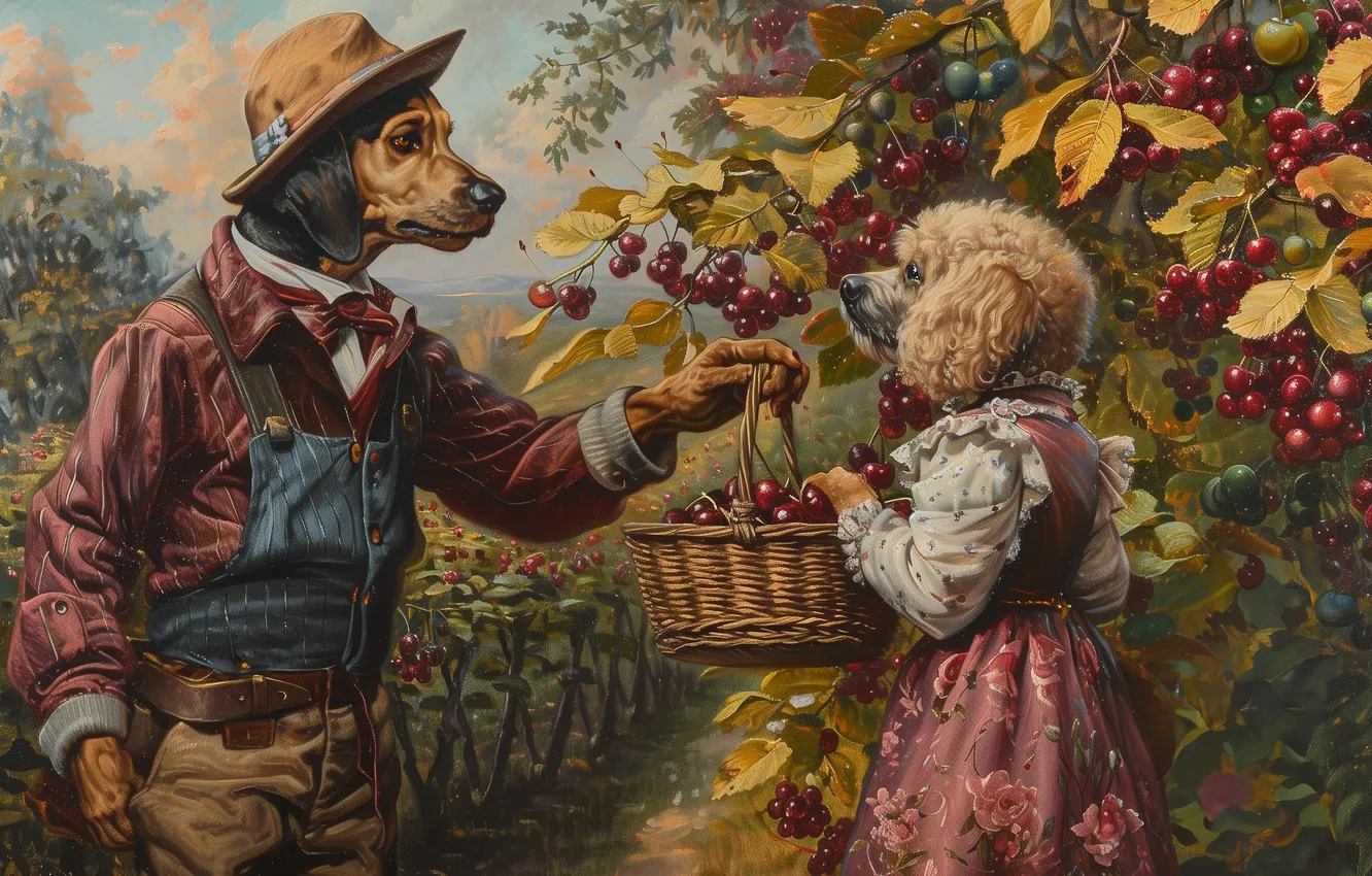 Photo wallpaper dogs, summer, look, leaves, branches, cherry, berries, fantasy
