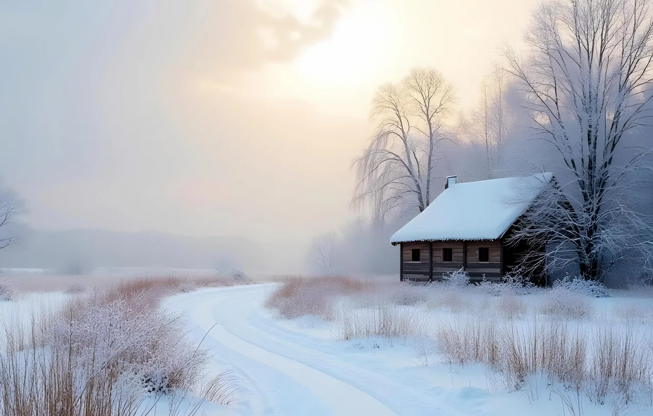 Photo wallpaper winter, frost, road, field, the sky, the sun, light, snow