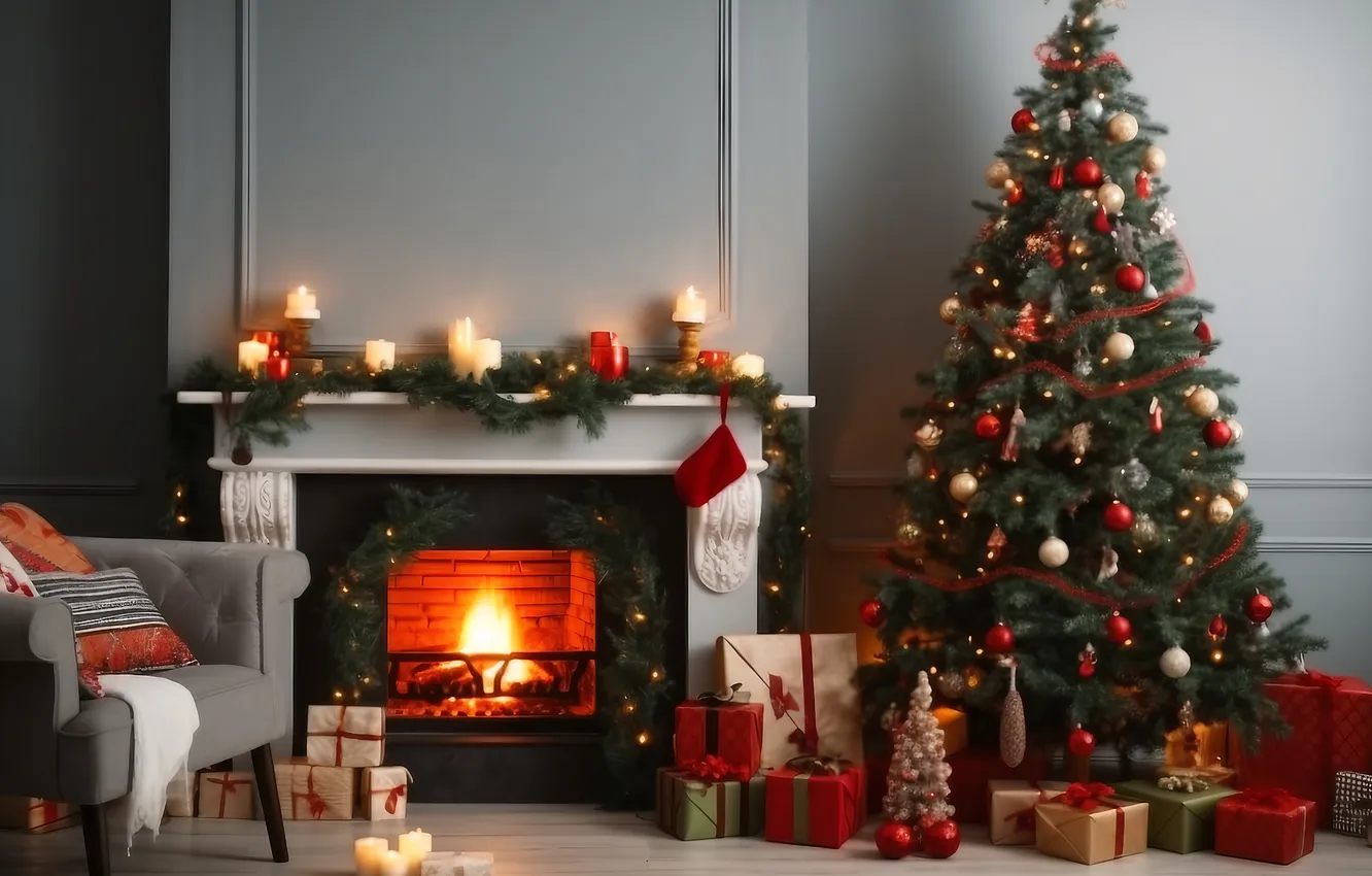 Photo wallpaper room, tree, new year, interior, Christmas, fireplace, Christmas, view