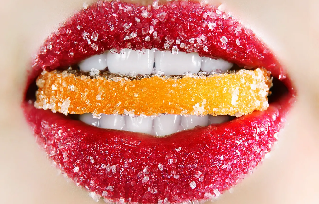 Photo wallpaper macro, ice, lipstick, lips, red, lips, Macro photo