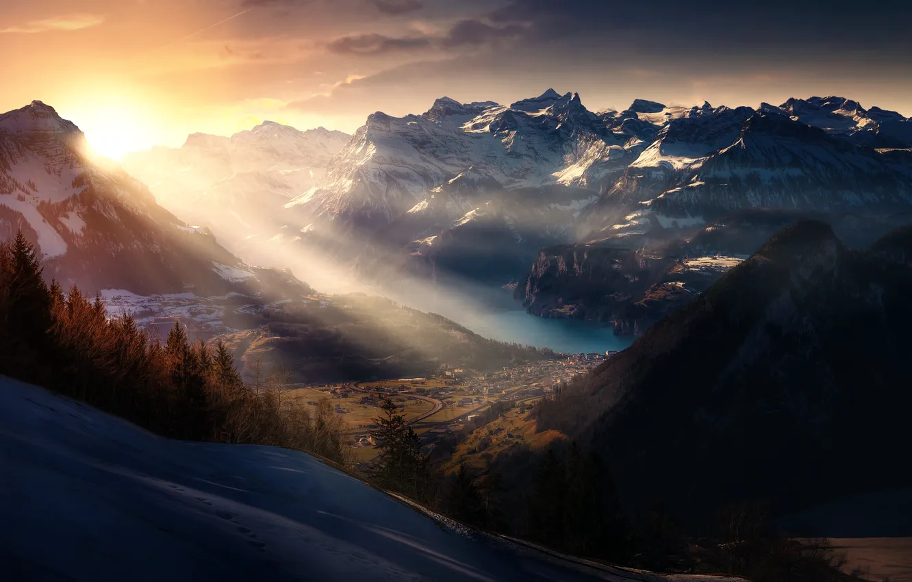 Photo wallpaper snow, mountains, treatment, Switzerland, morning phase, Sattel - Hochstuckli