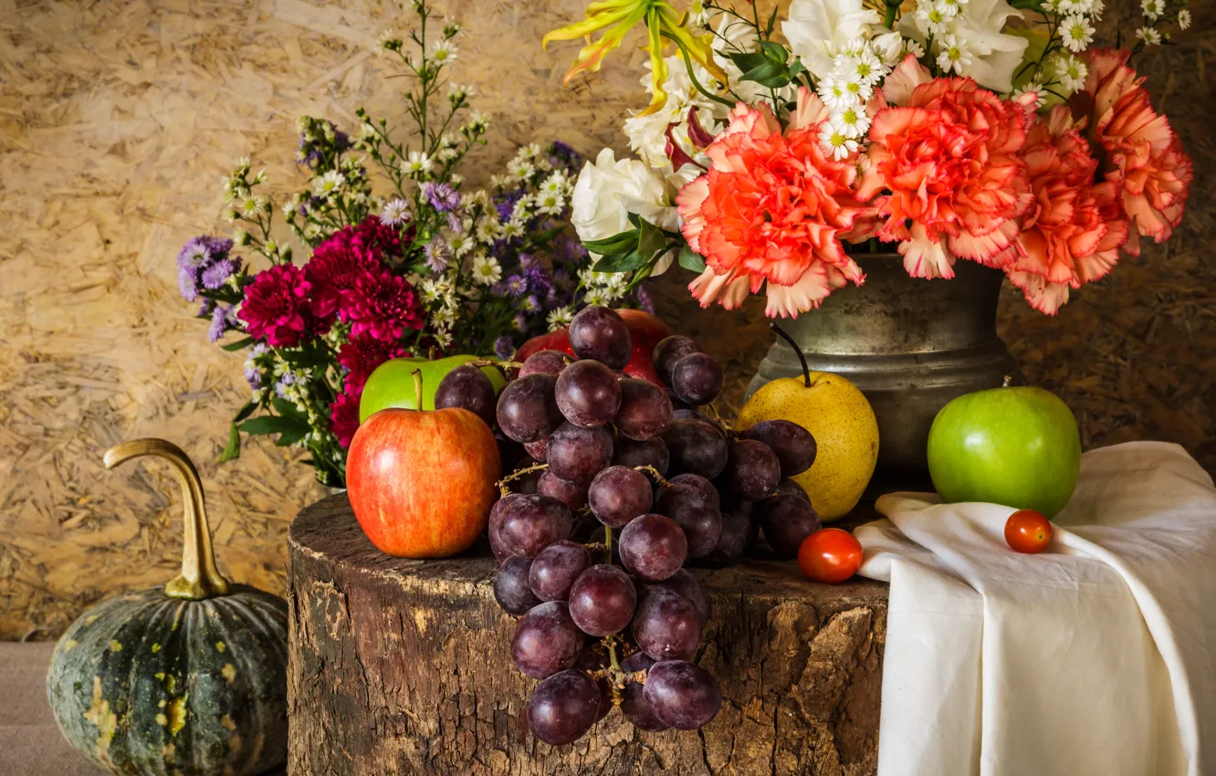 Photo wallpaper flowers, apples, bouquet, grapes, vase, fruit, still life, flowers