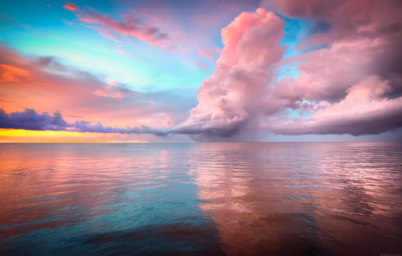 Photo wallpaper the sky, clouds, sunset, the ocean, color