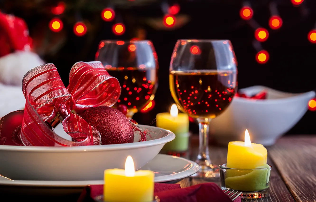 Photo wallpaper wine, balls, candles, glasses, New year, garland, bokeh, New Year