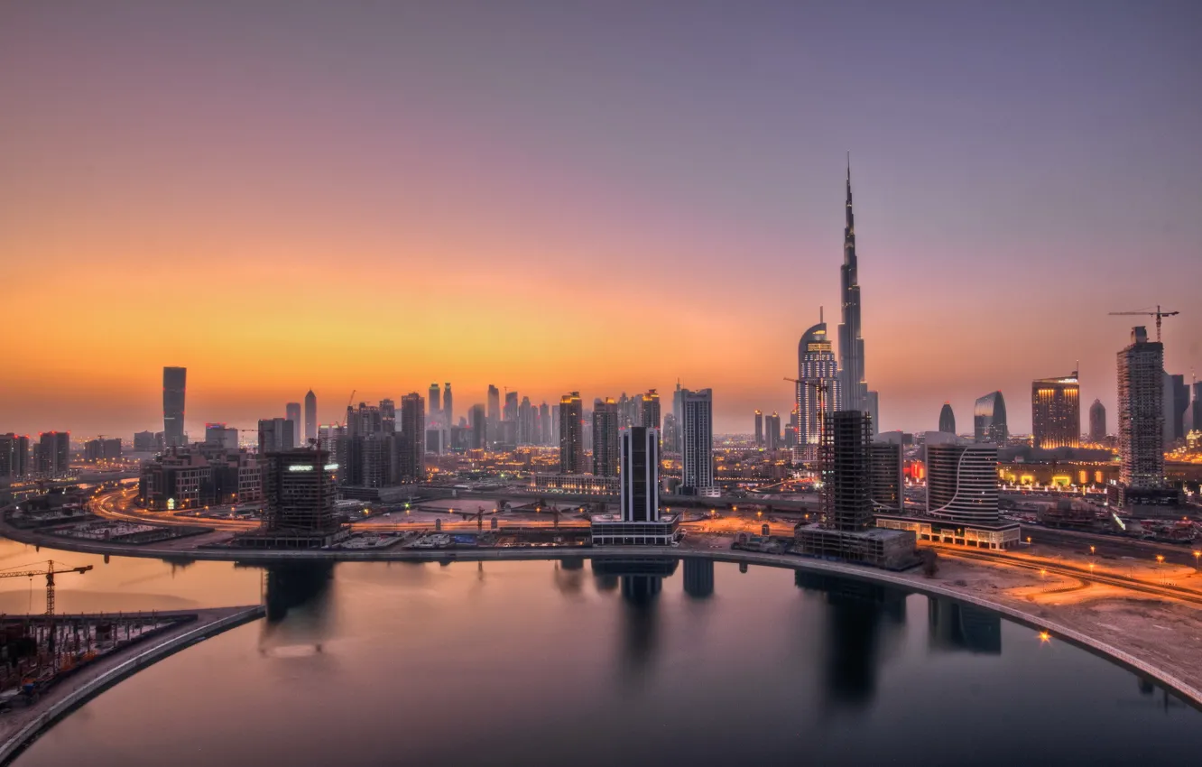 Photo wallpaper lights, dawn, Dubai, UAE