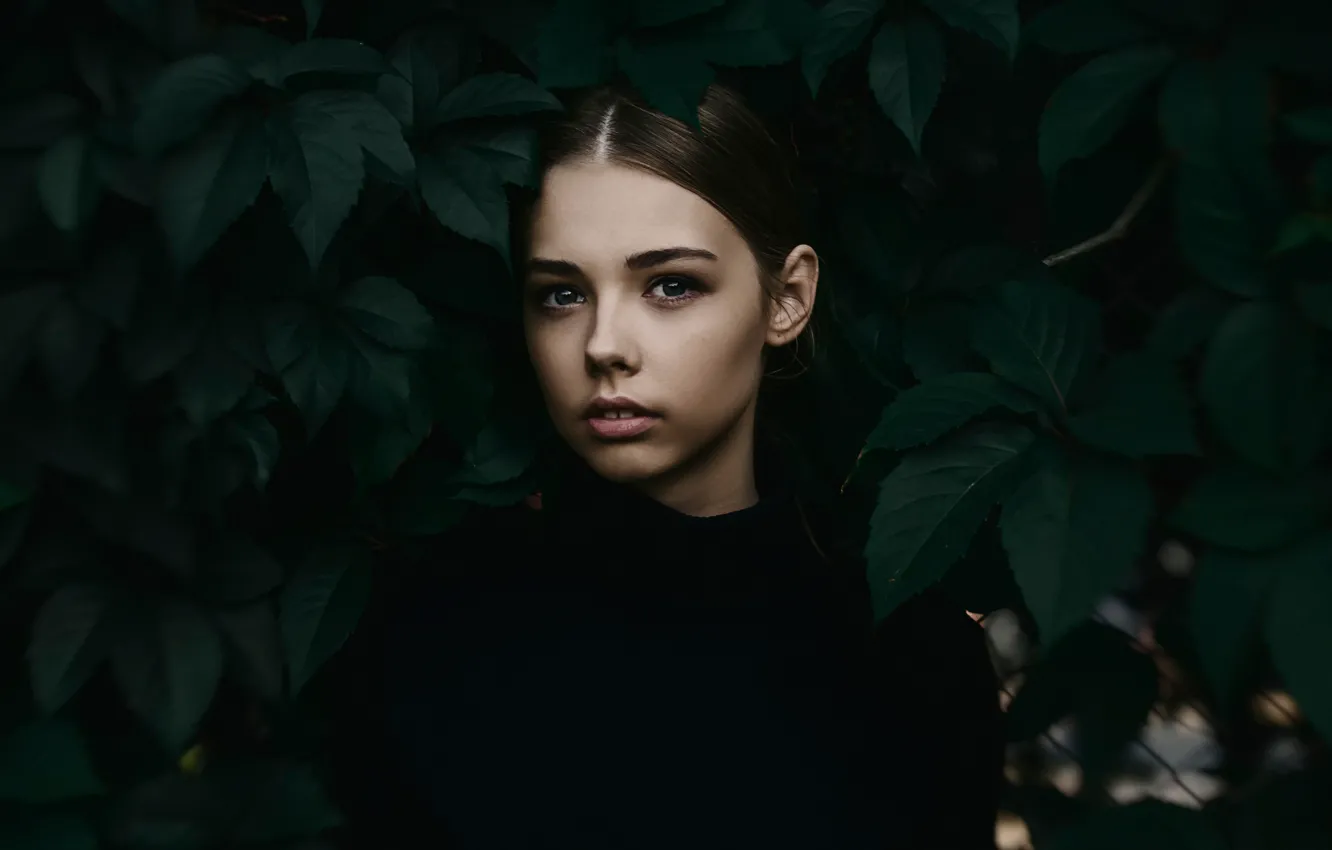 Photo wallpaper leaves, girl, bokeh, portrait photo