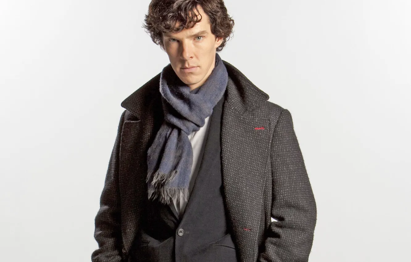 Photo wallpaper look, scarf, white background, Sherlock Holmes, coat, Benedict Cumberbatch, Sherlock, Sherlock BBC