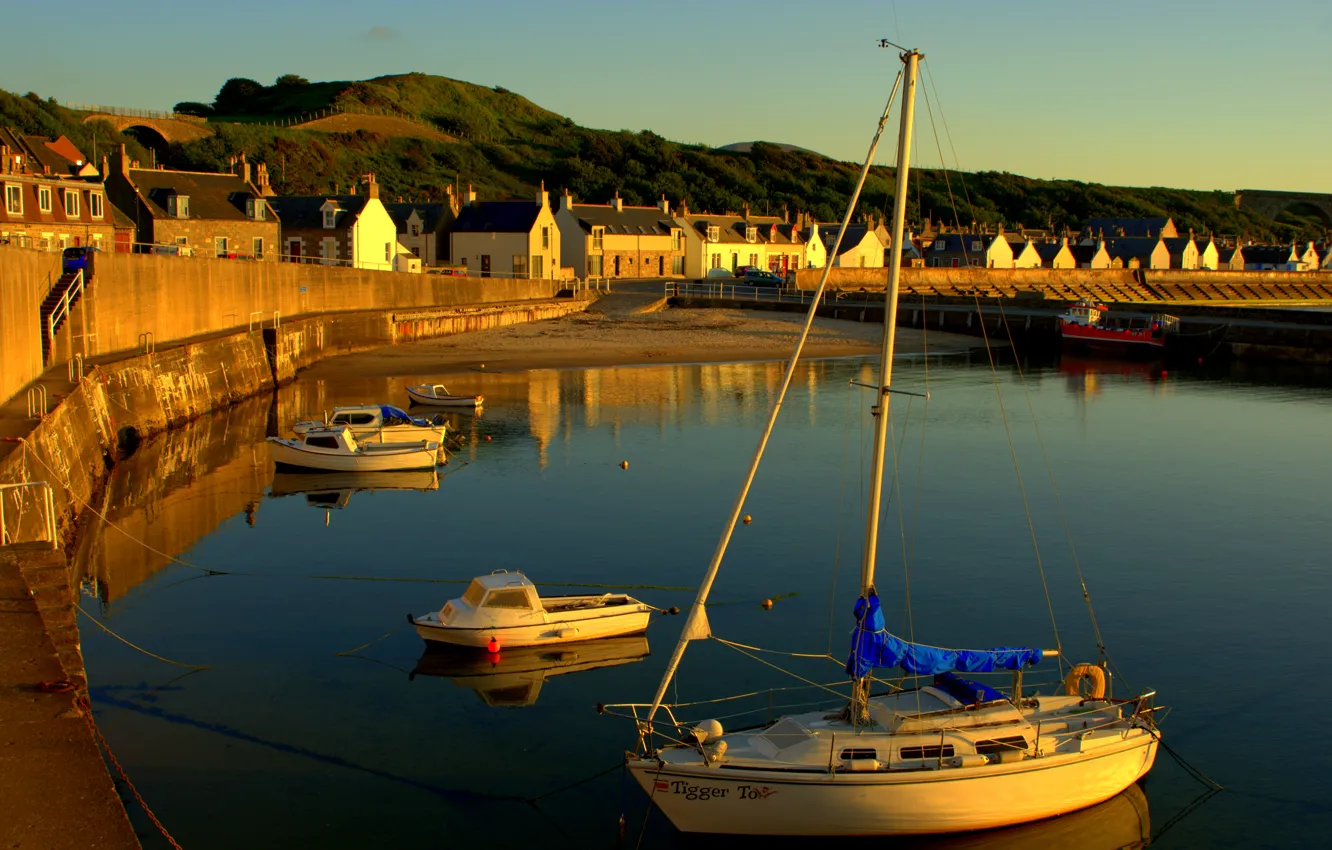 Photo wallpaper landscape, river, shore, boat, home, yacht, Scotland, Cullen