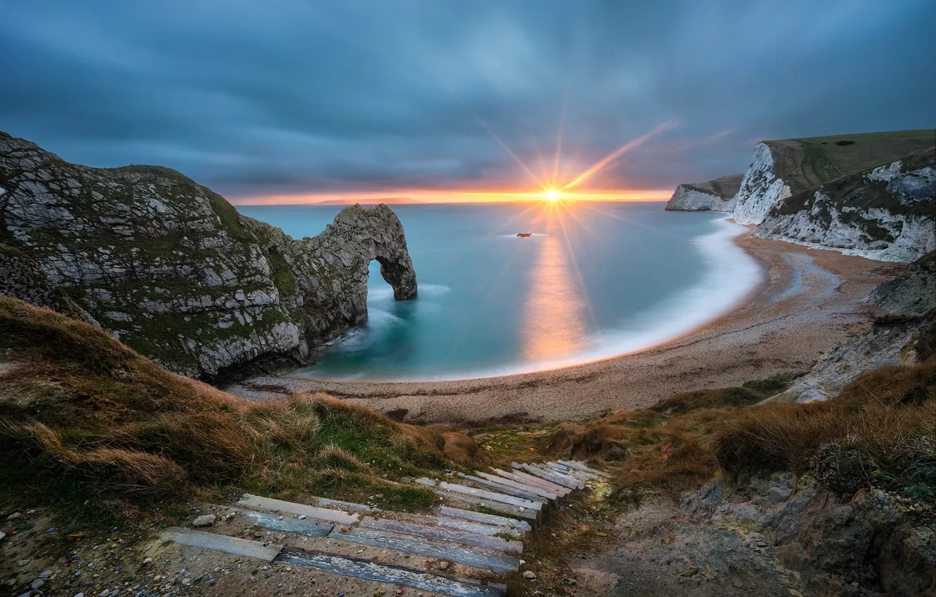 Photo wallpaper sea, beach, the sky, the sun, clouds, rays, sunset, blue