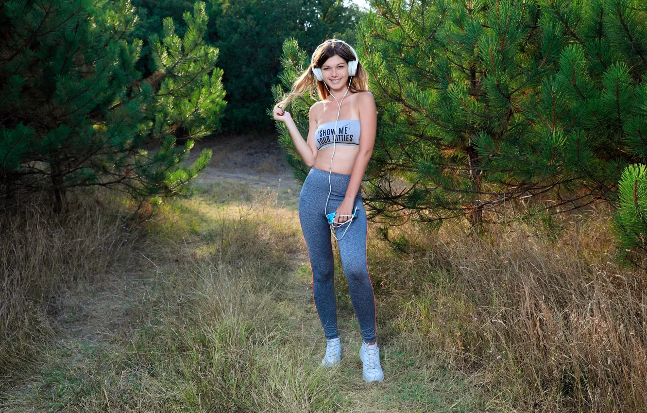 Photo wallpaper forest, hot girl, field, nature, white headphones, trail, sexy woman, countryside