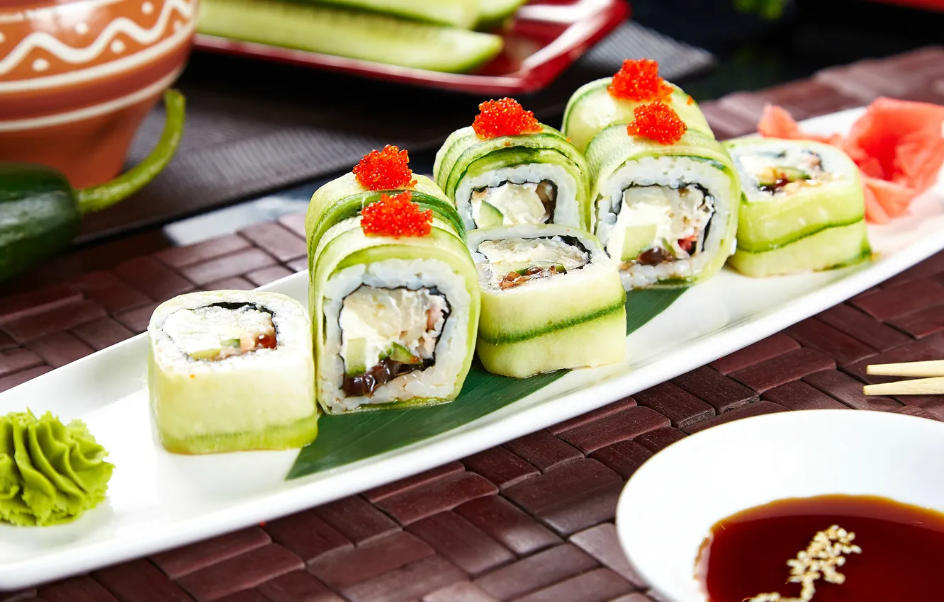 Photo wallpaper sauce, sushi, cucumbers, rolls, wasabi, filling, vegetarian