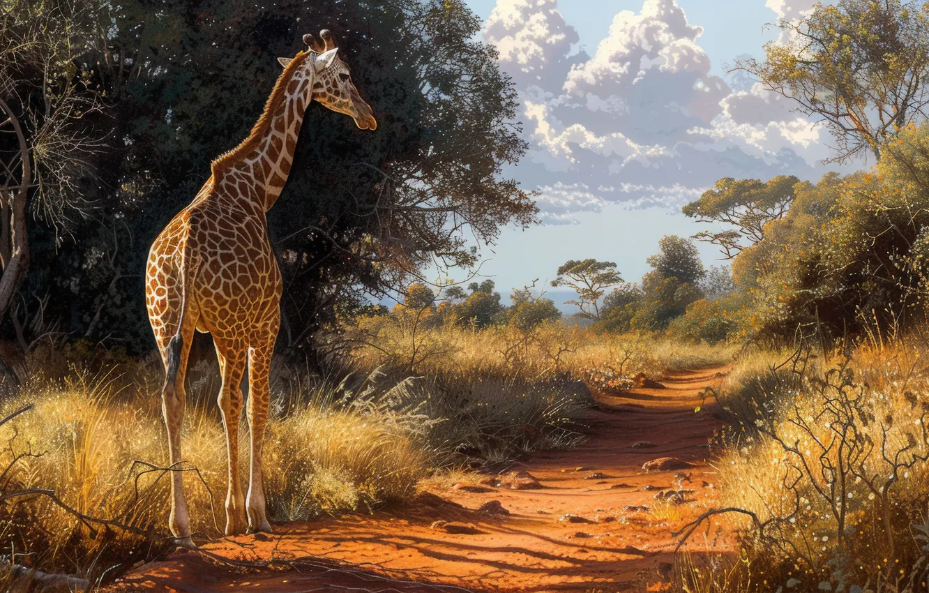 Photo wallpaper trees, giraffe, track, digital art, AI art, The Art of Artificial Intelligence, neural network