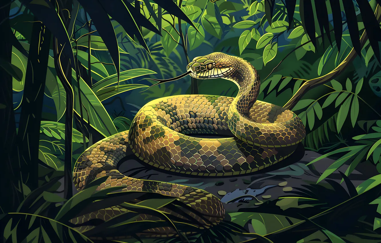 Photo wallpaper animal, snake, jungle, art, reptile, digital art, imitation painting, AI art