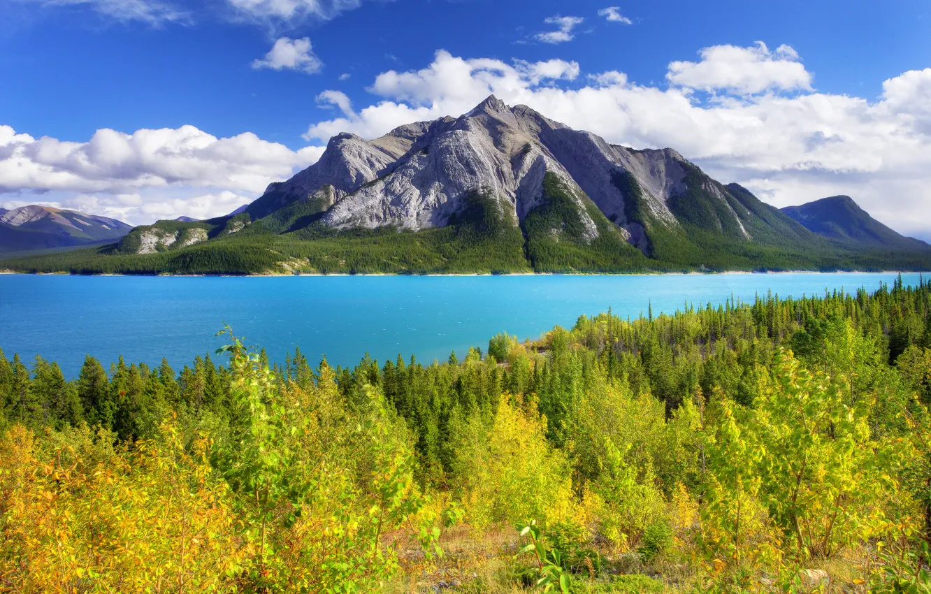 Photo wallpaper autumn, forest, the sky, leaves, trees, mountains, lake, Canada