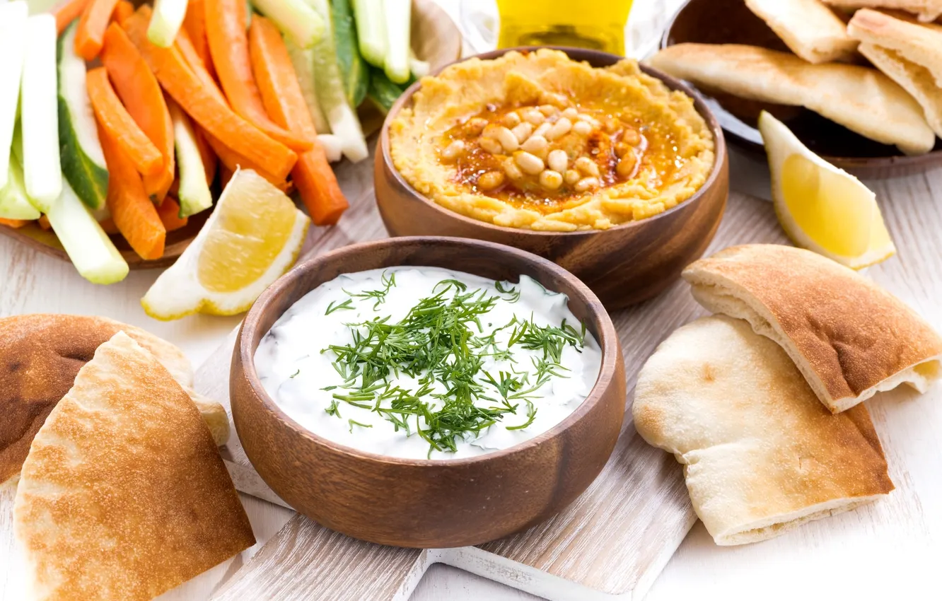 Photo wallpaper vegetables, appetizer, yogurt, pellet, hummus