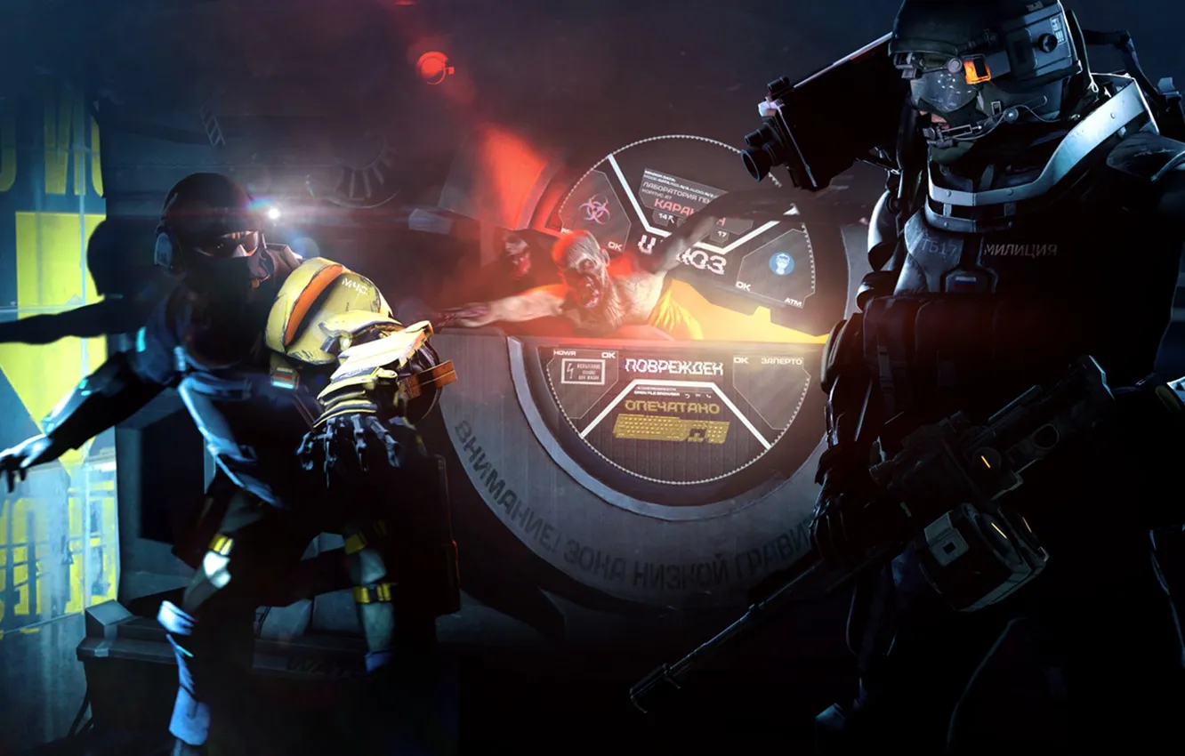 Photo wallpaper weapons, police, infection, the door, costume, security, gateway, infected