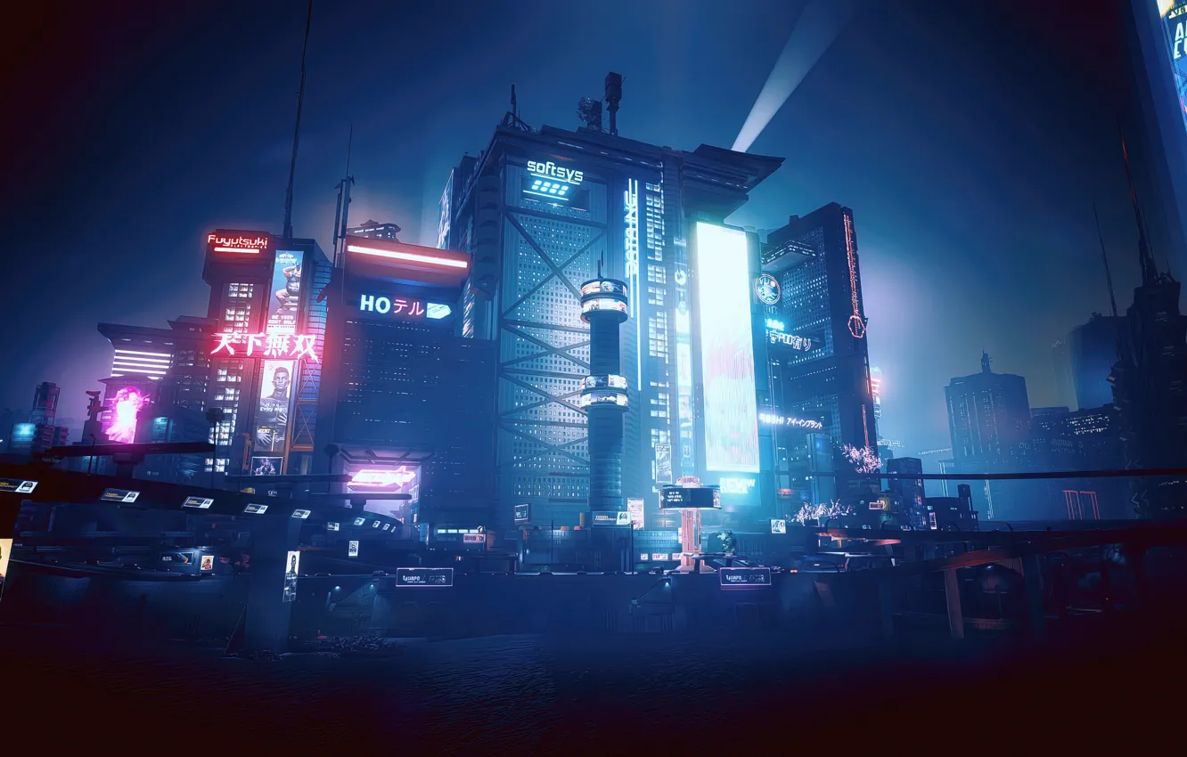 Photo wallpaper landscape, blue, cyberpunk, cyan, night city, Cyberpunk 2077, city night