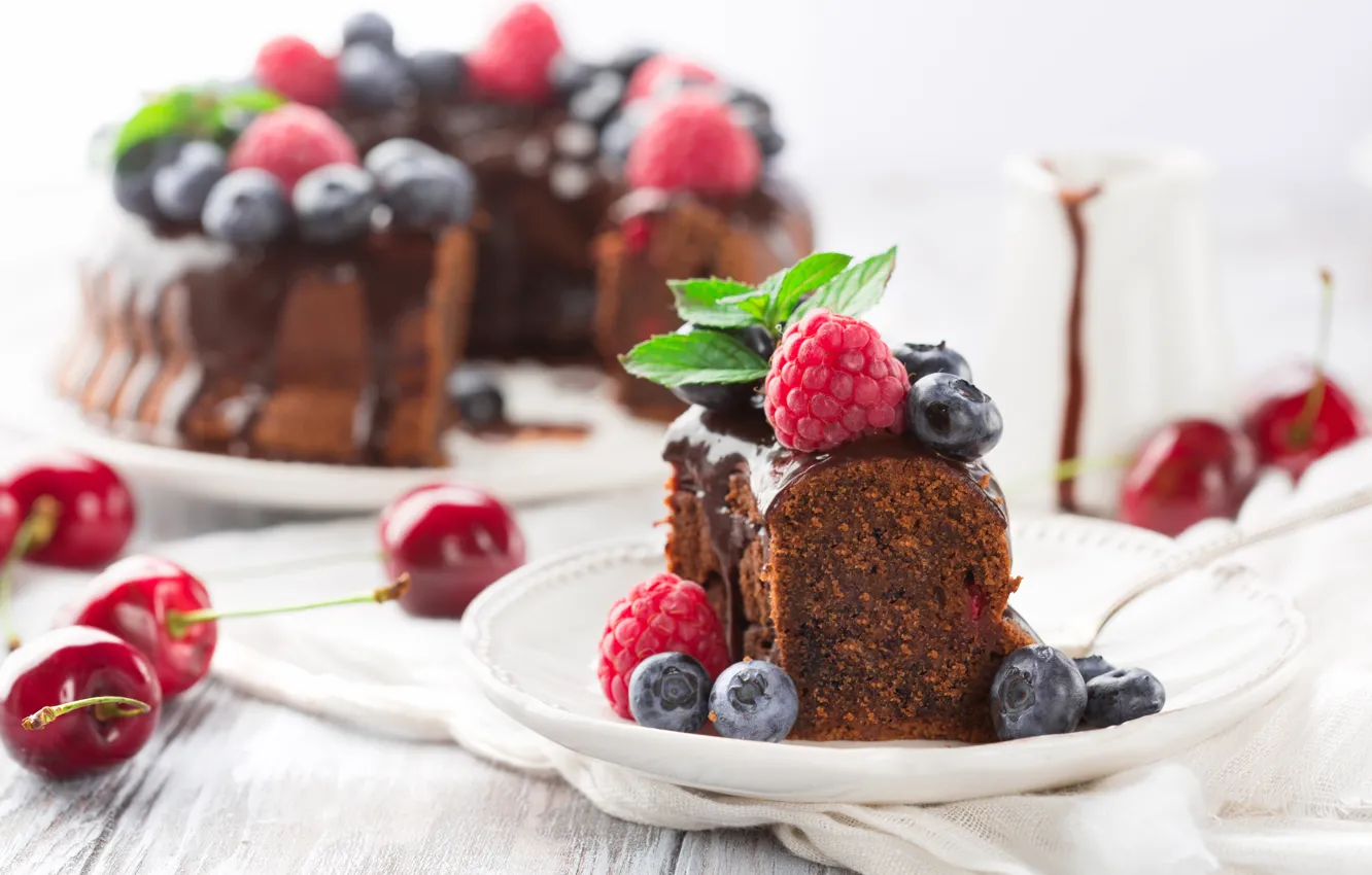 Photo wallpaper cherry, raspberry, food, chocolate, blueberries, cake, cream, cakes