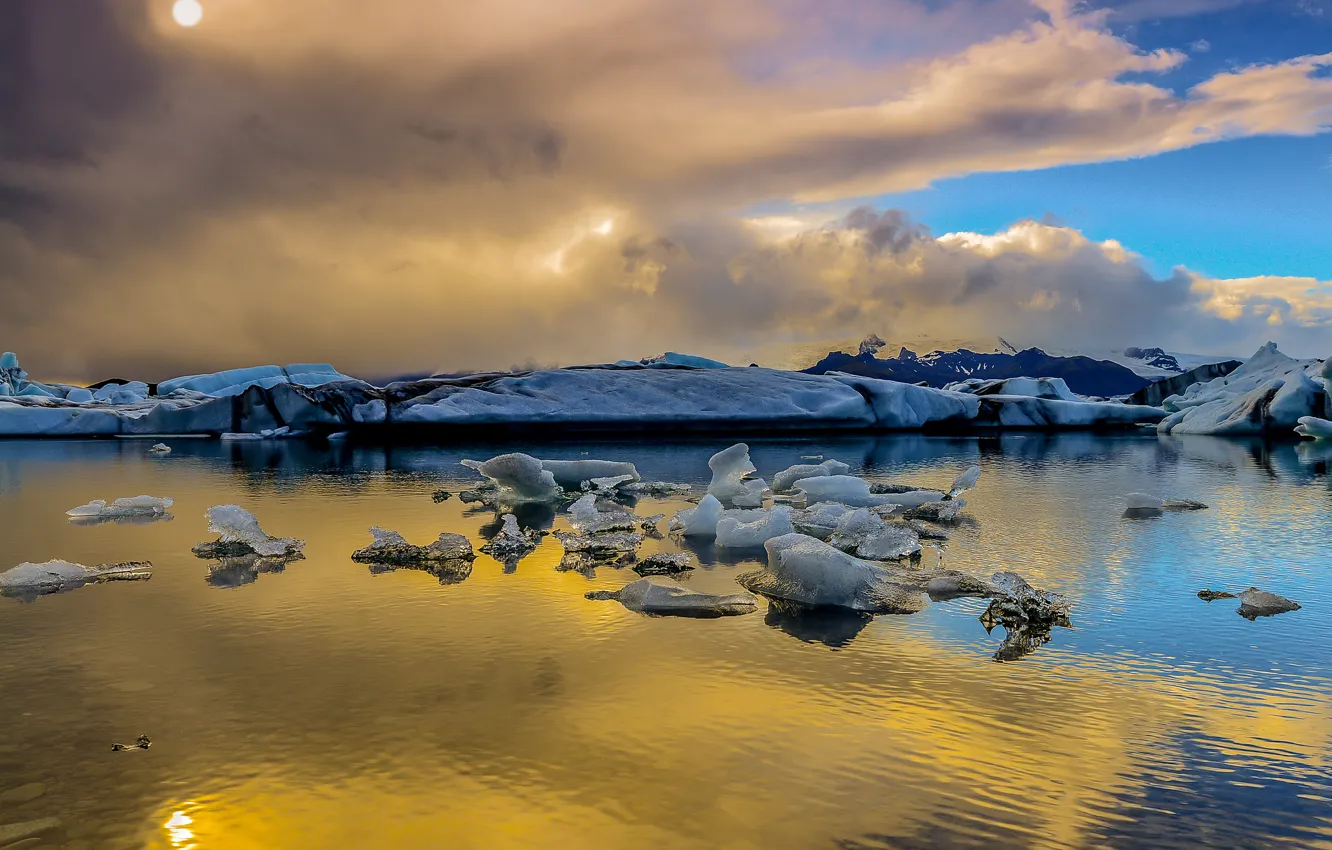 Photo wallpaper ice, the sun, clouds, snow, Iceland