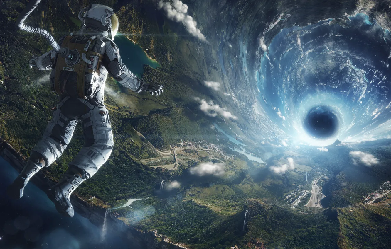 Photo wallpaper flight, earth, the universe, the suit, black hole, Astronaut