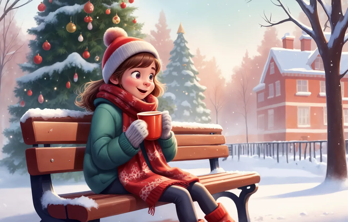 Photo wallpaper bench, toy, tree, new year, home, Christmas, girl, digital art