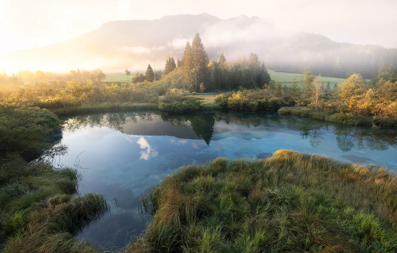 Photo wallpaper grass, landscape, mountains, nature, fog, pond