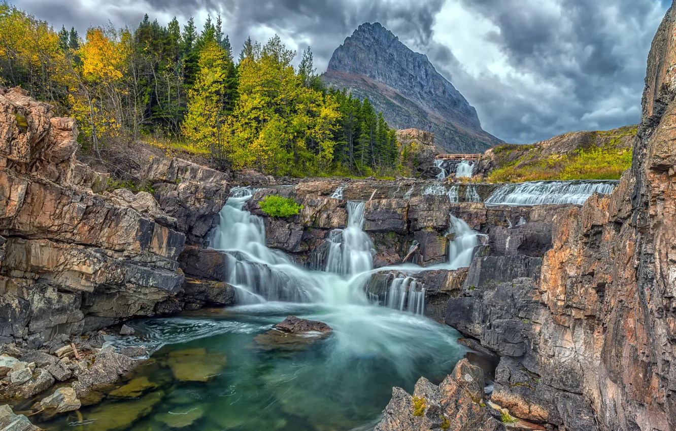 Photo wallpaper mountains, river, waterfall, United States, Montana, Swiftcurrent Falls, Swiftcurrent