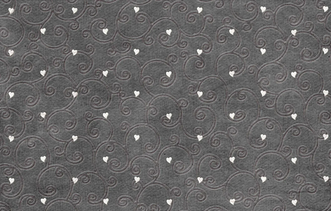 Photo wallpaper curls, stitches, hearts, fabric, grey background