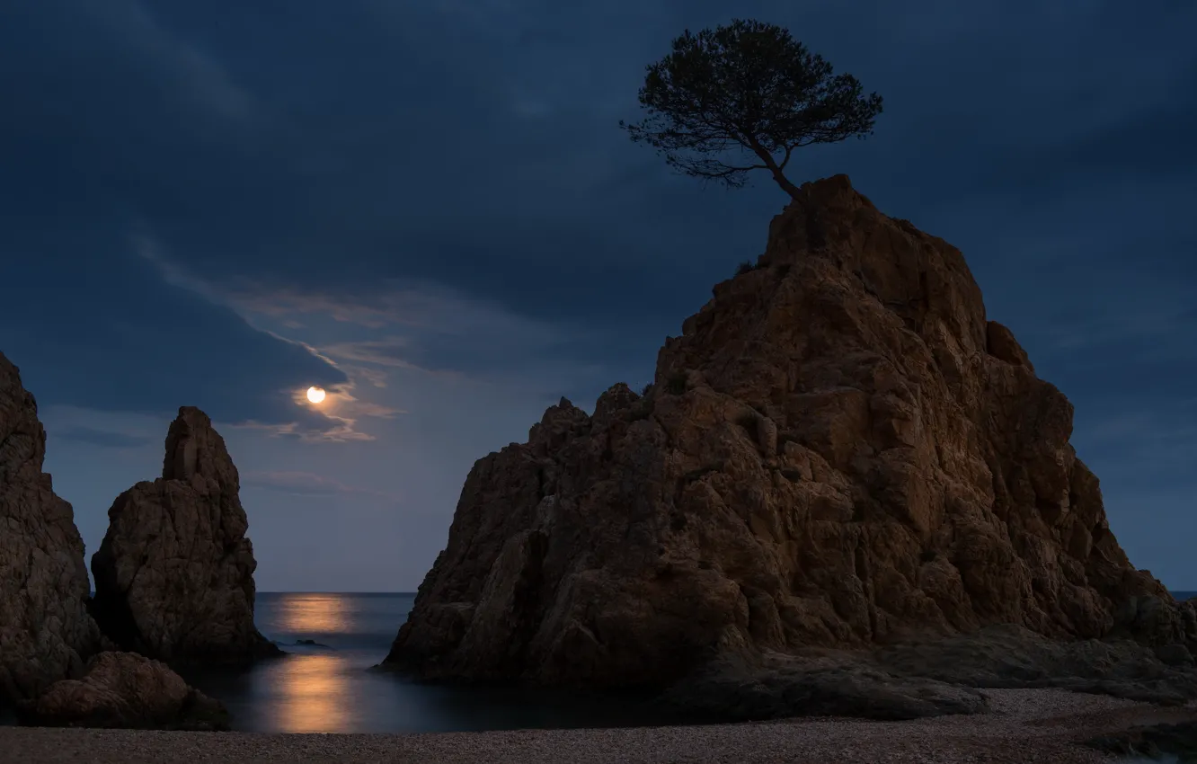 Photo wallpaper night, moonlight, Spain, Costa Brava, Tossa de Mar